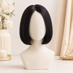 Natural black classic bob wig on mannequin head