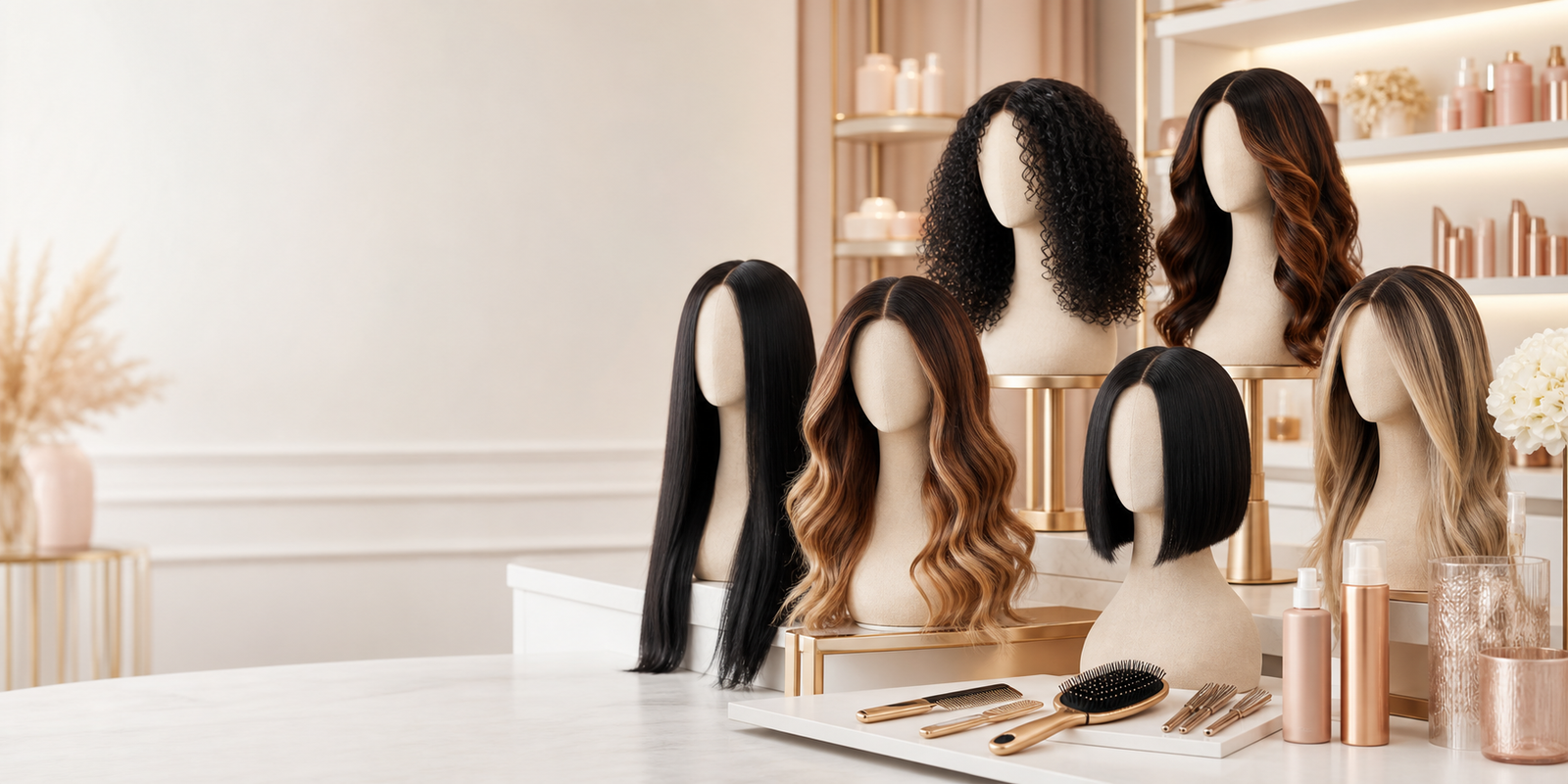 Premium wig boutique display with mannequin heads and styling tools